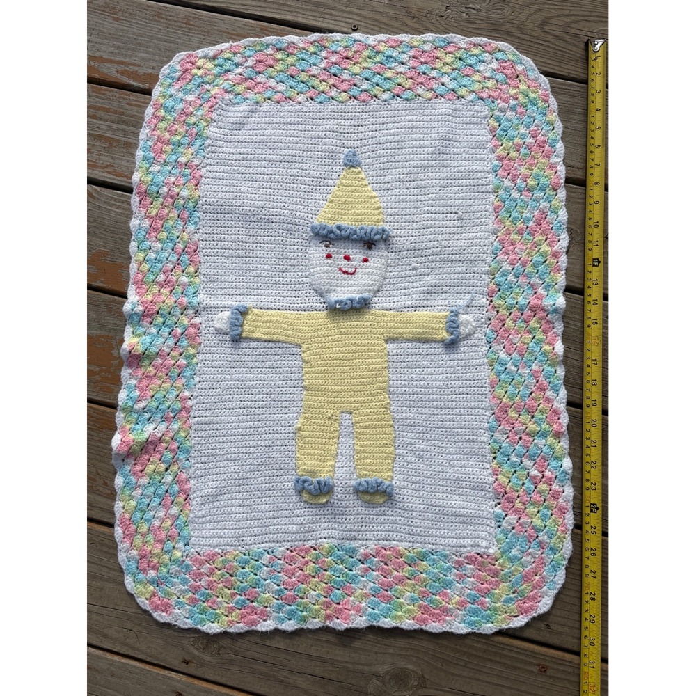 Vintage Handmade Crochet Baby Blanket Clown Pastel Pink Blue Yellow 31x22